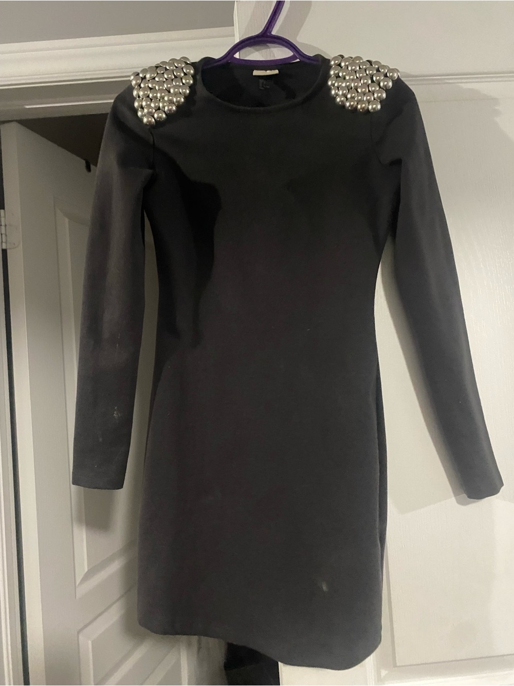 H&M Embellished Shoulder Black Long-Sleeve Mini Dress